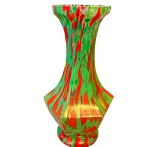 Vintage Art Deco Czech Spatter Glass Vase - Red & Green End of Day - 6.5"